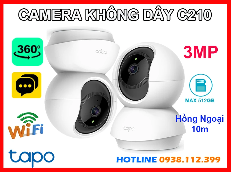  Camera Wi-Fi không dây Tapo C210 là giải pháp an ninh trong nhà lý tưởng với độ phân giải siêu nét 3MP, hỗ trợ xoay 360 độ, đàm thoại hai chiều và tầm nhìn hồng ngoại lên đến 10m. Camera có khe cắm thẻ nhớ lên tới 512GB, phát hiện chuyển động thông minh