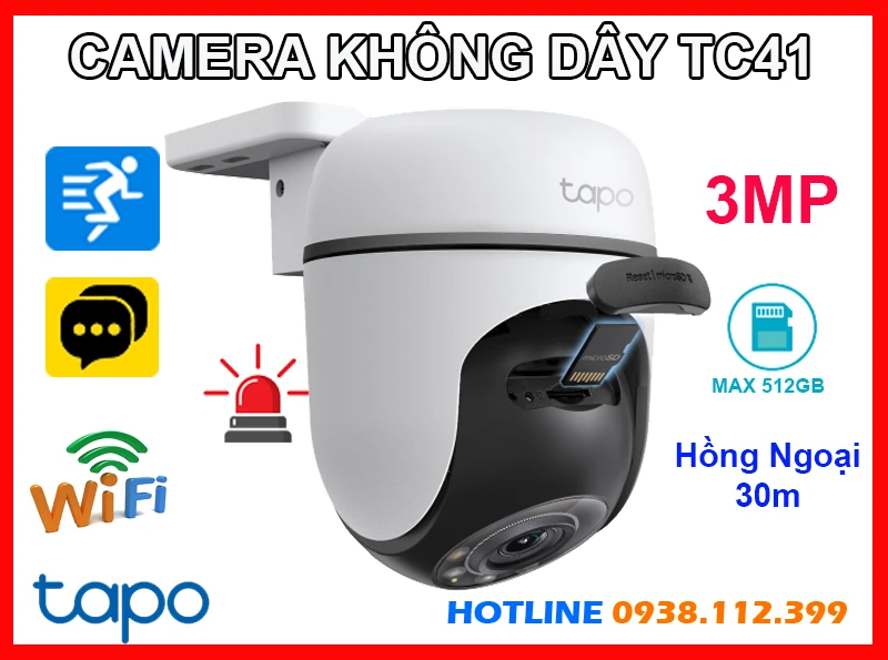  Tapo TC41 camera IP Wi-Fi không dây ngoài trời với khả năng quay xoay 360 độ độ phân giải 3MP cho hình ảnh siêu nét cả ngày lẫn đêm Camera hỗ trợ đàm thoại 2 chiều hồng ngoại tầm xa 30m có màu ban đêm cùng khe cắm thẻ nhớ lên đến 512GB phát hiện chuyển động chuẩn IP65