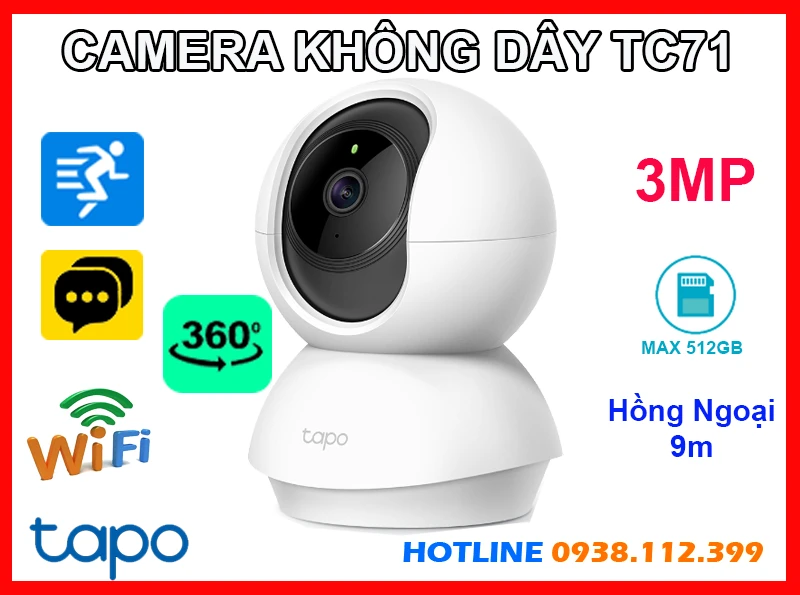  Camera Wi-Fi không dây Tapo TC71 là giải pháp giám sát an ninh trong nhà với khả năng quay xoay 360 độ độ phân giải 3MP cho hình ảnh sắc nét Camera hỗ trợ đàm thoại 2 chiều có tầm nhìn xa hồng ngoại ban đêm lên đến 9m khe cắm thẻ nhớ lên đến 512GB