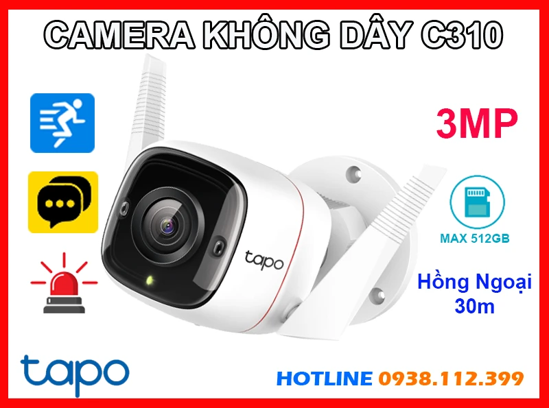  Tapo C310 camera Wi-Fi ngoài trời có độ phân giải 3MP hỗ trợ đàm thoại 2 chiều hồng ngoại 30m và khe cắm thẻ nhớ lên đến 512GB với công nghệ AI thông minh tự động phát hiện chuyển động kích hoạt còi báo động và đèn nháy đạt chuẩn chống nước bụi IP66
